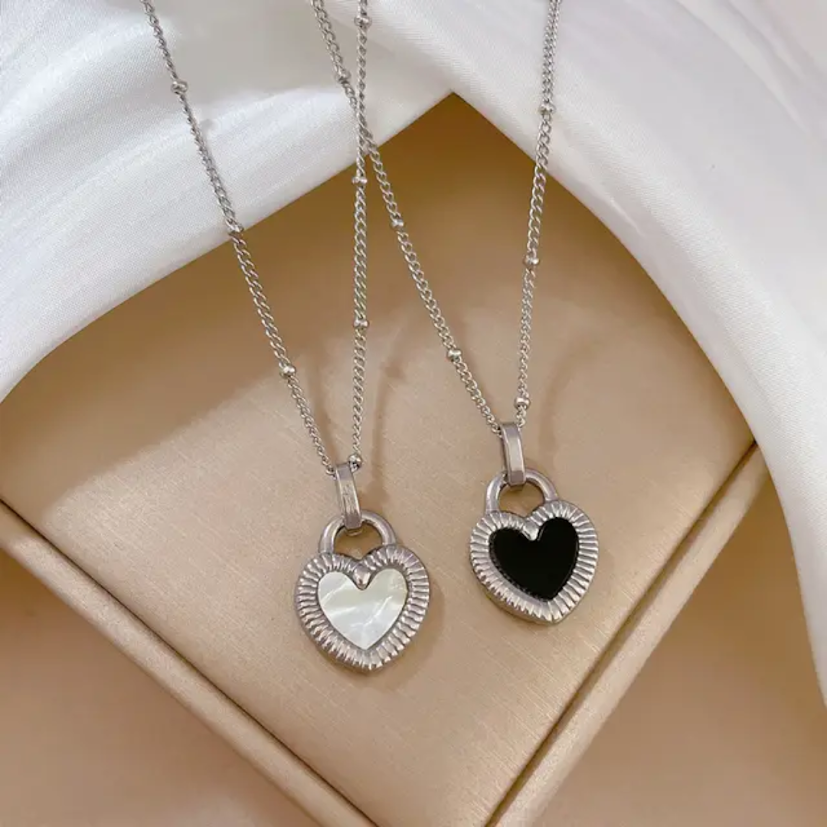 Gold Black White Double-Sided Heart Titanium Steel Necklace