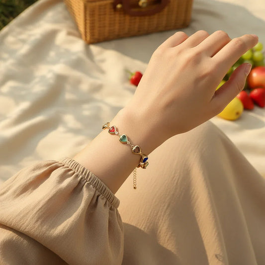 Flowra rainbow heart charm bracelet colorful crystal jewelry.