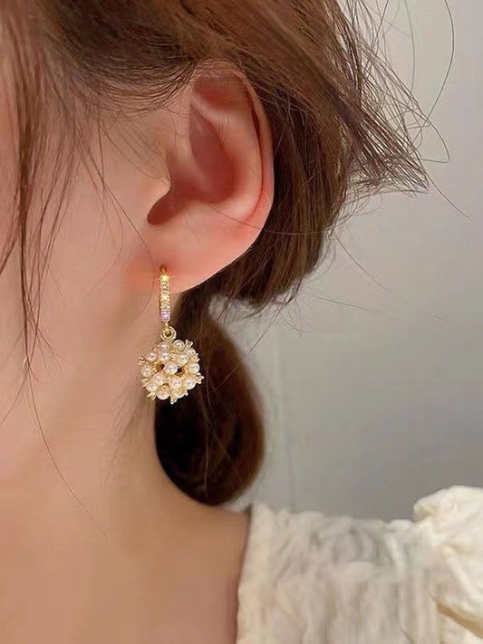 Artificial Stones Studded & Pearls Beaded Spherical Hoop Earrings