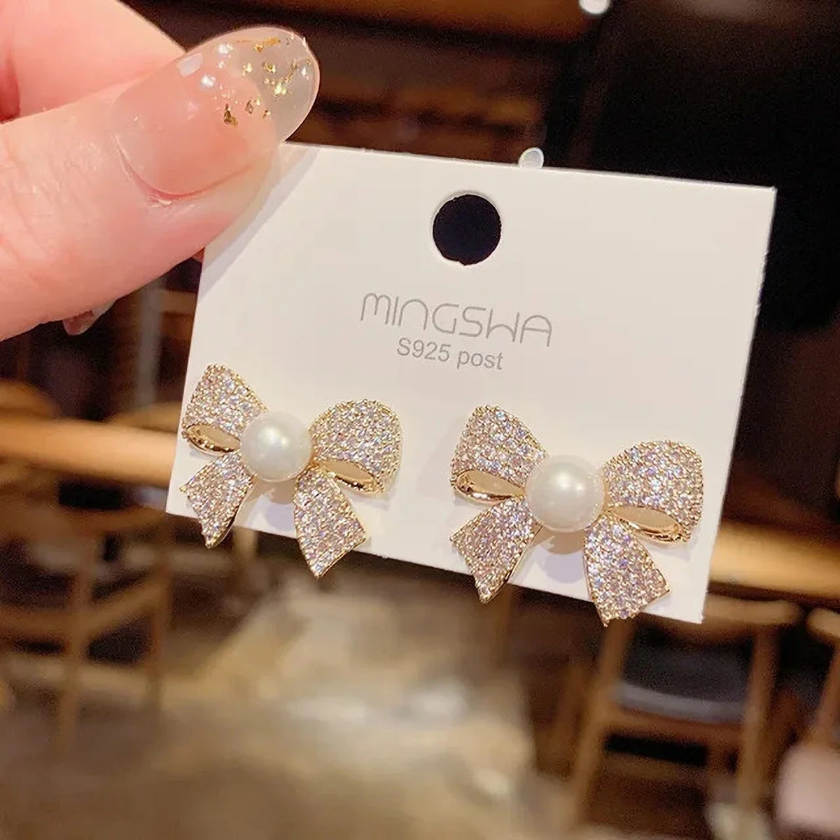 Bow Shaped Zircon Pearl Earrings for Women Girls
