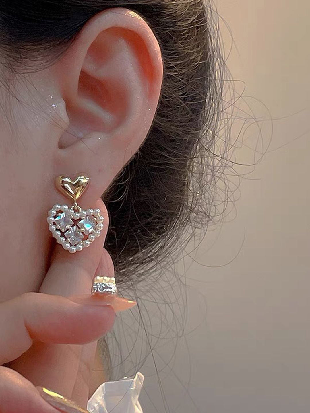 Gold-Plated Crystals Studded & Pearls Beaded Heart Shaped Drop Earrings