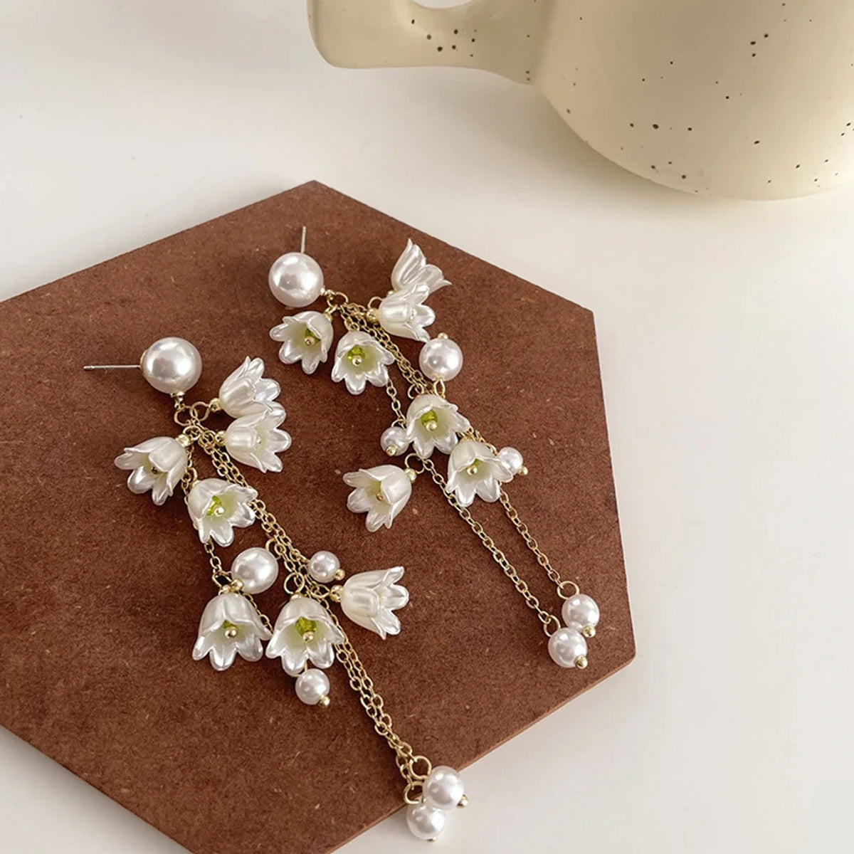 Elegant Floral Tassel Pearl Drop Earrings