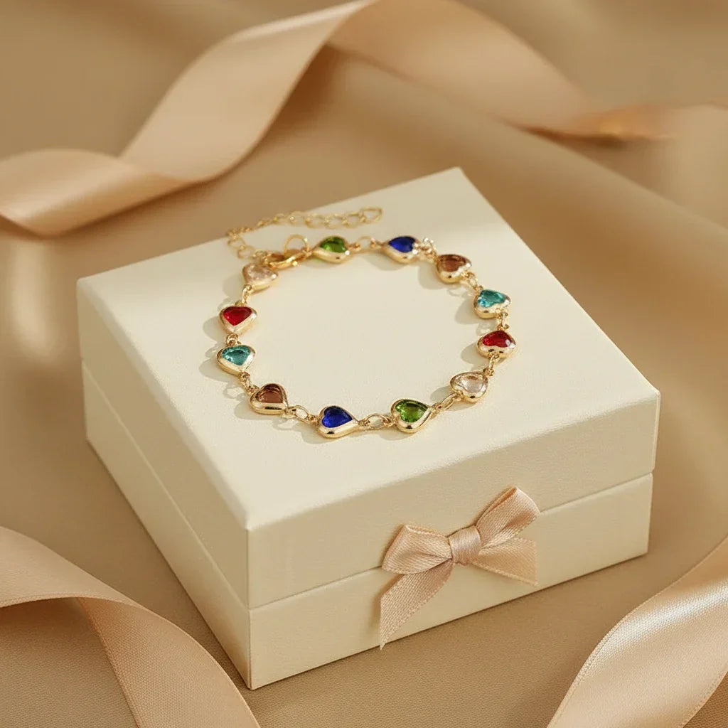 rainbow heart charm bracelet colorful crystal jewelry.