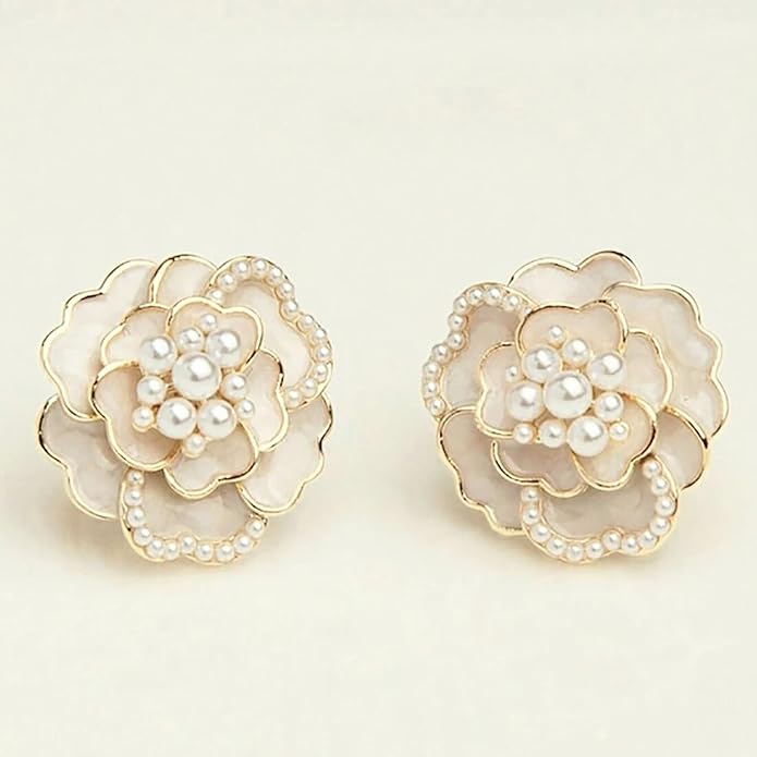 Korean Camellia Flower Pearl Stud Earrings