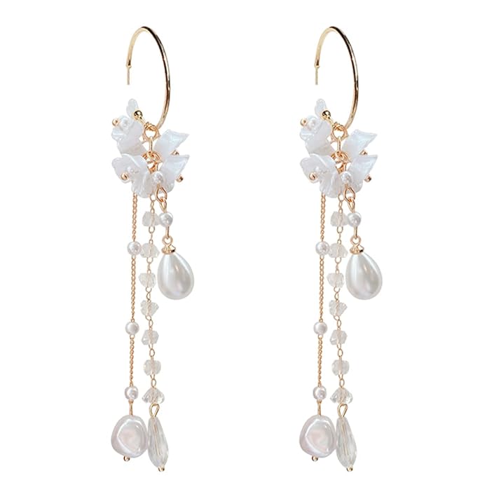 Gold Tone Round Hoop Pearl Drop Earrings