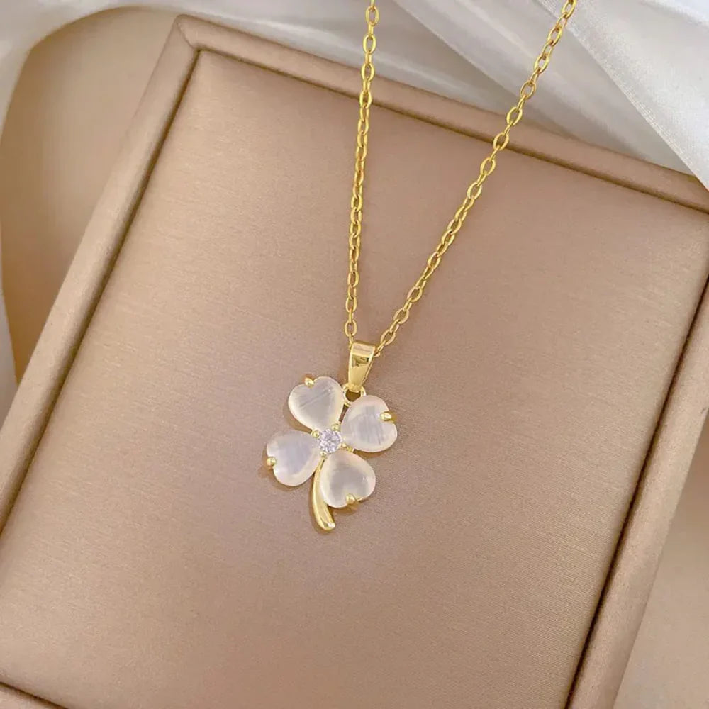 Gold Plated White Petal Four Leaf Clover Necklace