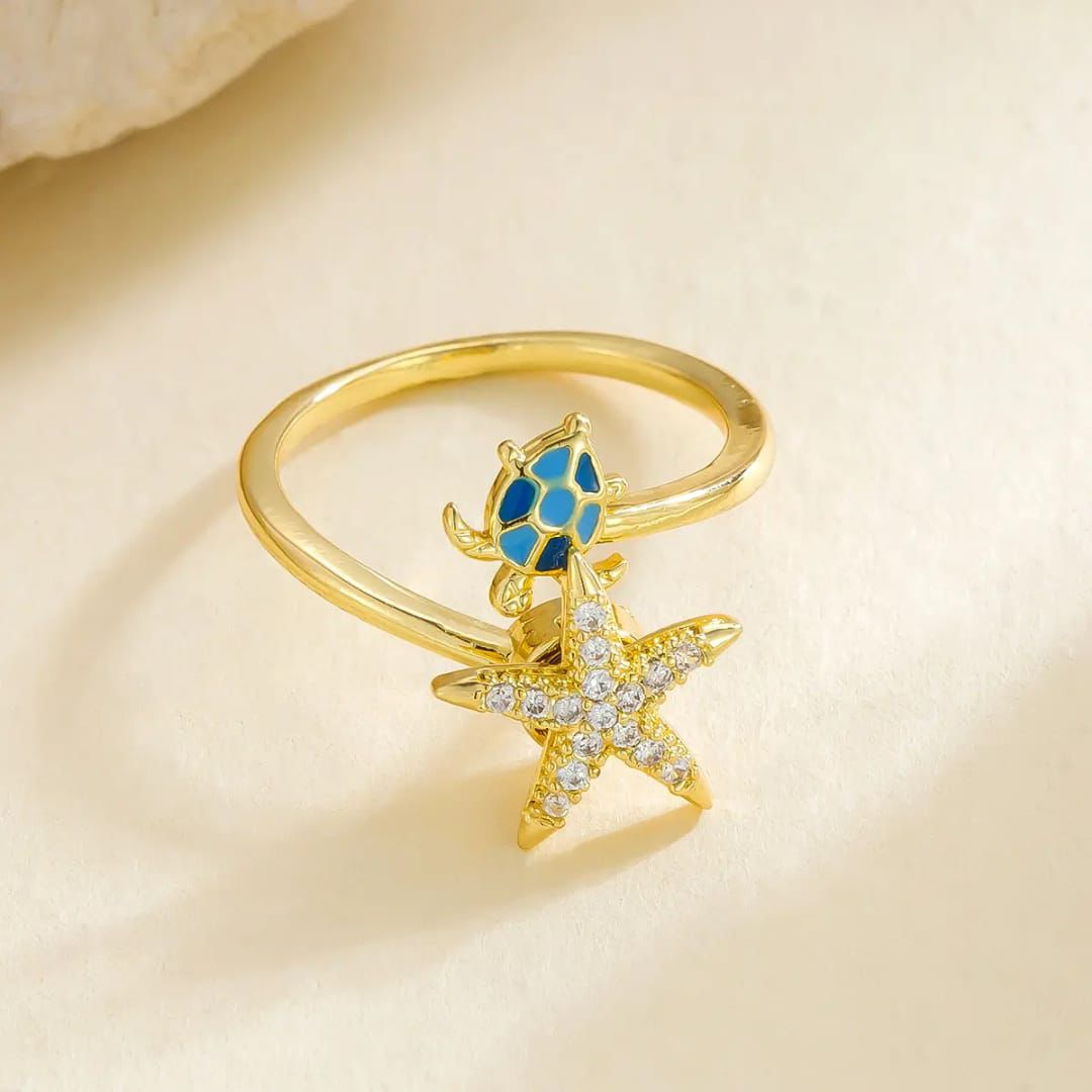 Ocean Theme Gold Plated Sea Turtle Ring