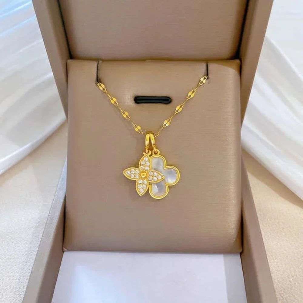 Gold Silver Four-Leaf Clover Zircon Pendant – Stainless Steel