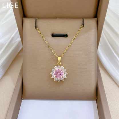 Gold Plated Pink CZ Floral Pendant Necklace
