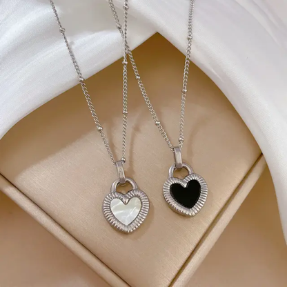 Gold Black White Double-Sided Heart Titanium Steel Necklace