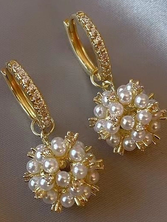 Artificial Stones Studded & Pearls Beaded Spherical Hoop Earrings