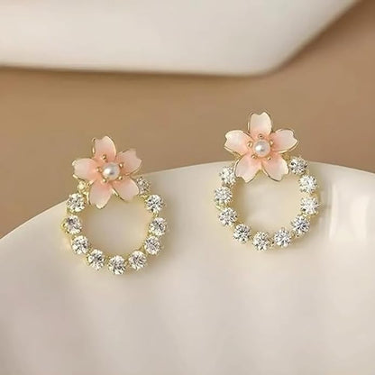 Gold Plated Crystal Flower Stud Earrings Korean Style Women