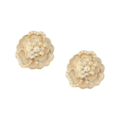 Korean Camellia Flower Pearl Stud Earrings