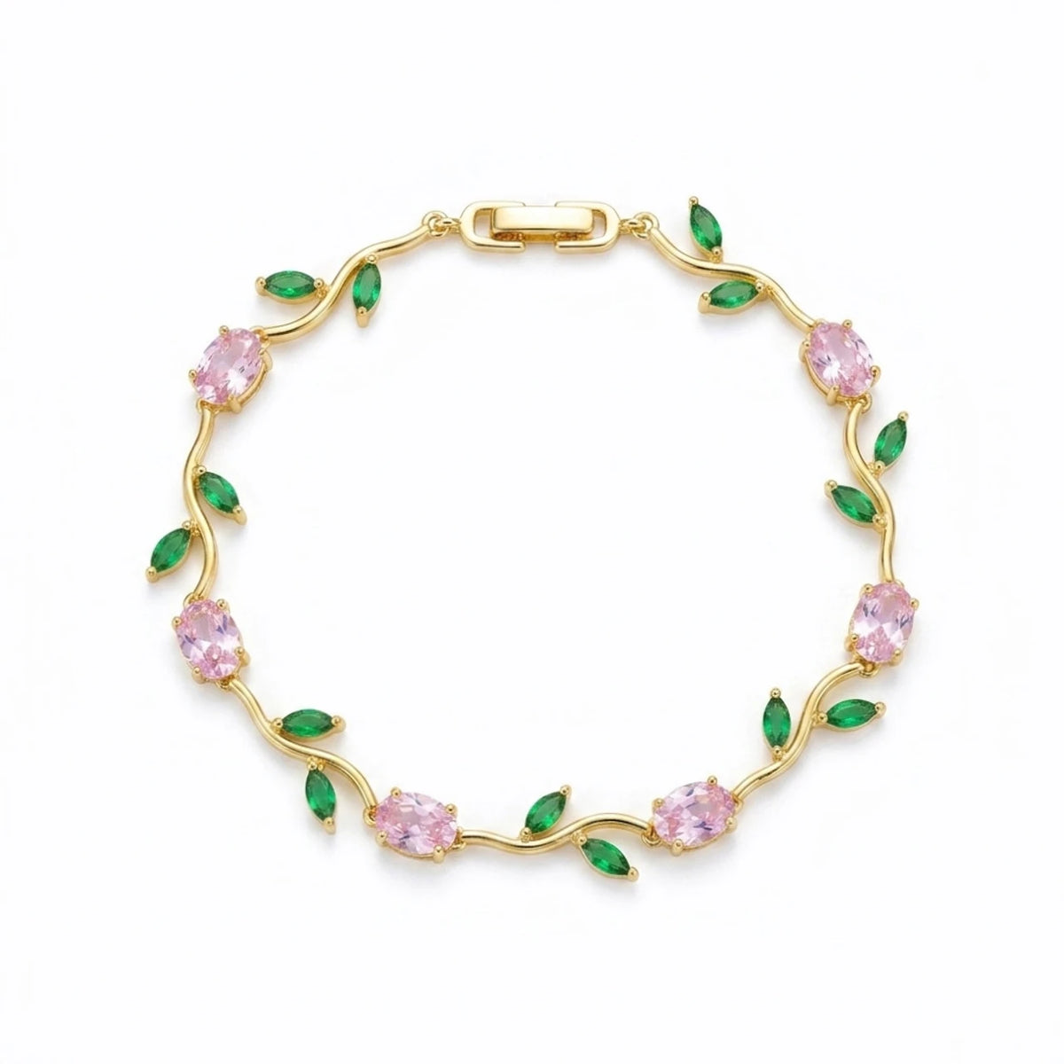 Elegant Pink Floral Vine Bracelet – Gold Plated Crystal Leaf Bracelet for Women