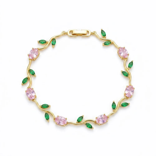 Elegant Pink Floral Vine Bracelet – Gold Plated Crystal Leaf Bracelet for Women
