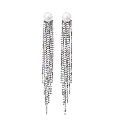 Rhinestone Long Tassel Pearl Crystal Chandelier Drop Earrings