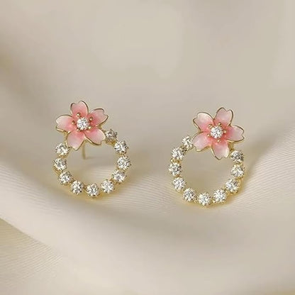 Gold Plated Crystal Flower Stud Earrings Korean Style Women
