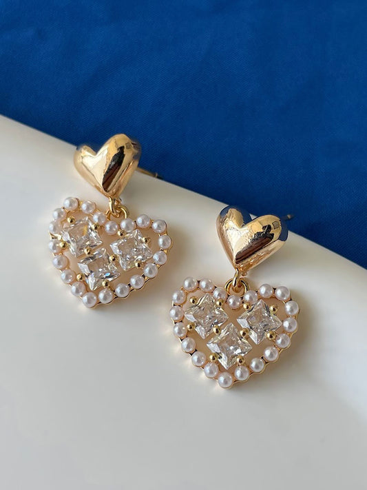 Gold-Plated Crystals Studded & Pearls Beaded Heart Shaped Drop Earrings