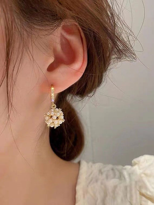 Artificial Stones Studded & Pearls Beaded Spherical Hoop Earrings