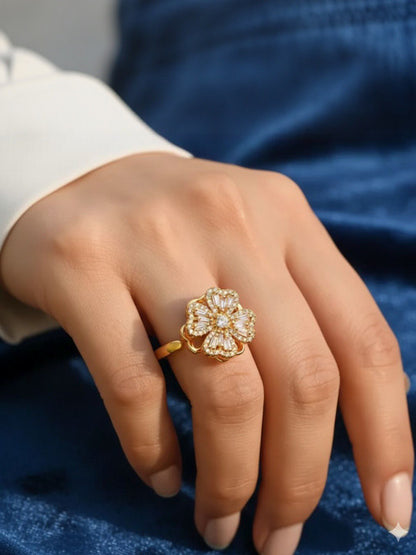 Flowra Gold‑Plated Rotating CZ Clover Adjustable Ring