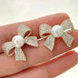 Bow Shaped Zircon Pearl Earrings for Women Girls