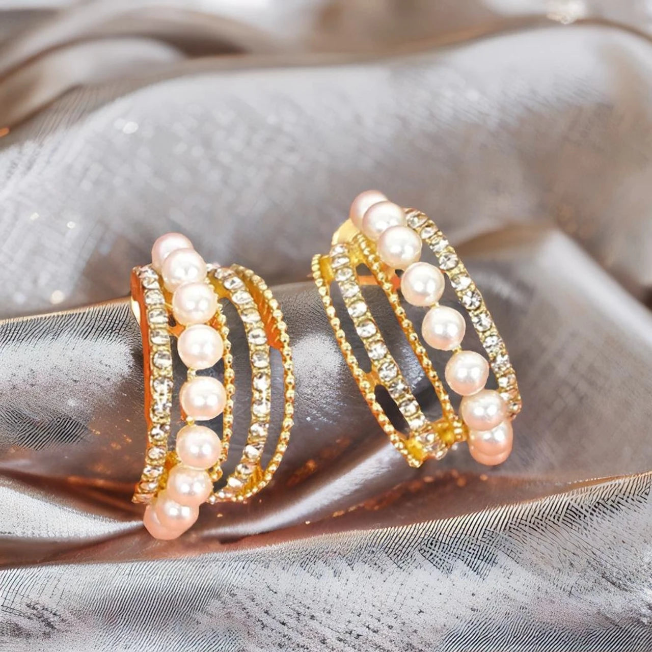 Korean Style Pearl Hoop CZ Dangle Earrings
