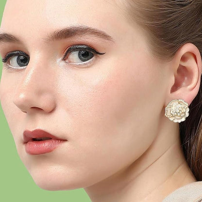Korean Camellia Flower Pearl Stud Earrings