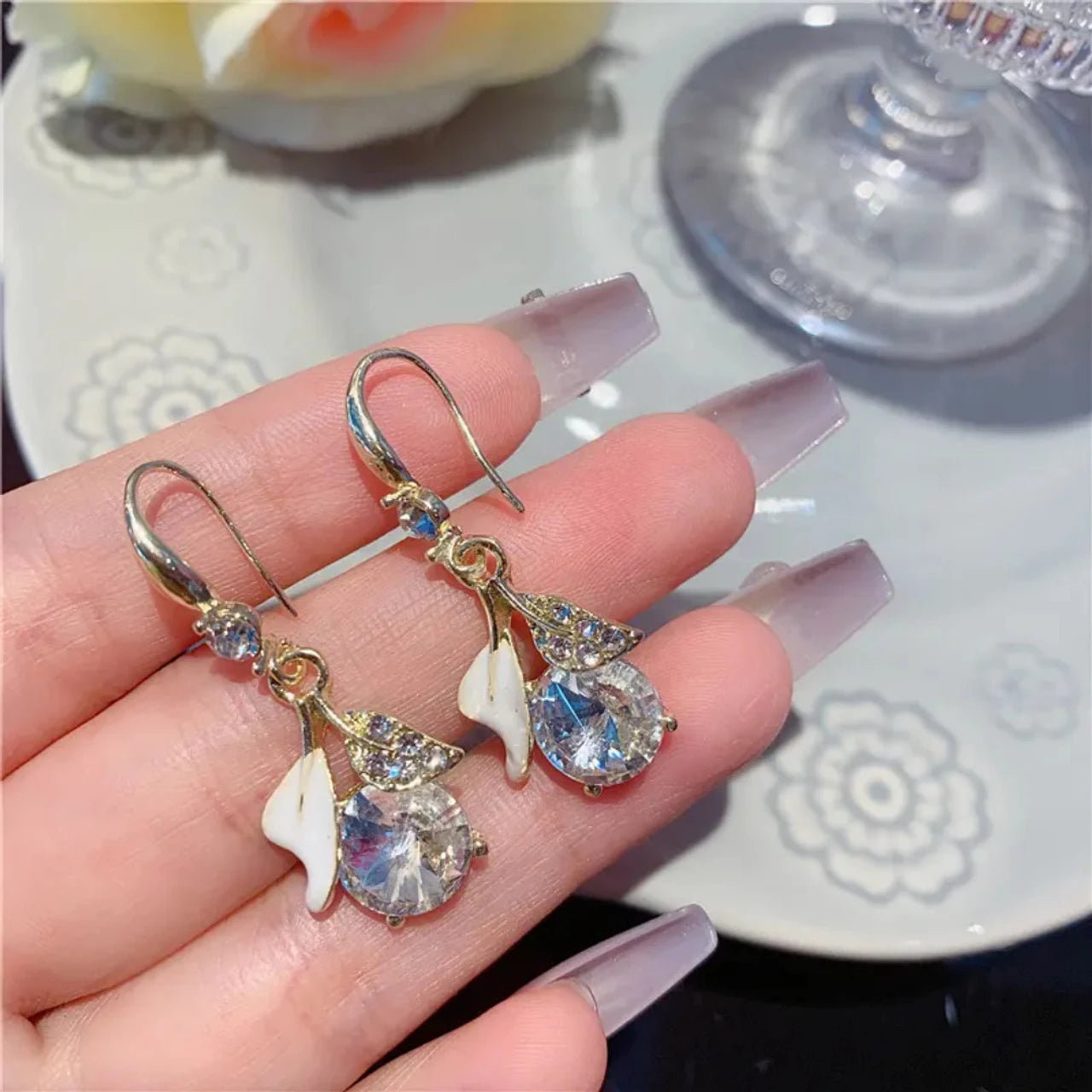 White Crystal Korean Design Earrings for Women Girls