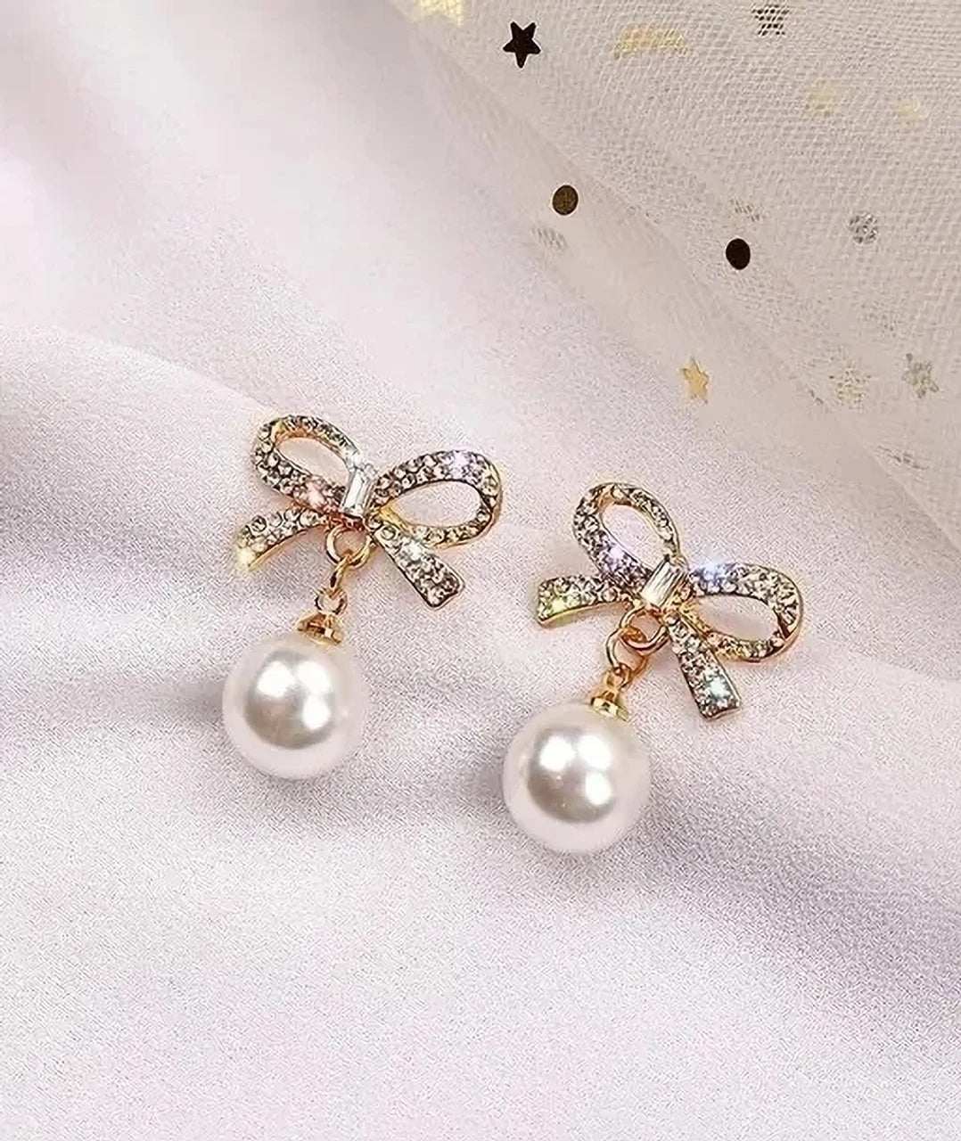 Korean Gold-Plated Crystals Studded & Pearls Beaded Circular Drop Earrings