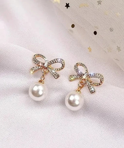 Korean Gold-Plated Crystals Studded & Pearls Beaded Circular Drop Earrings