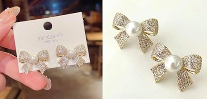 Bow Shaped Zircon Pearl Earrings for Women Girls