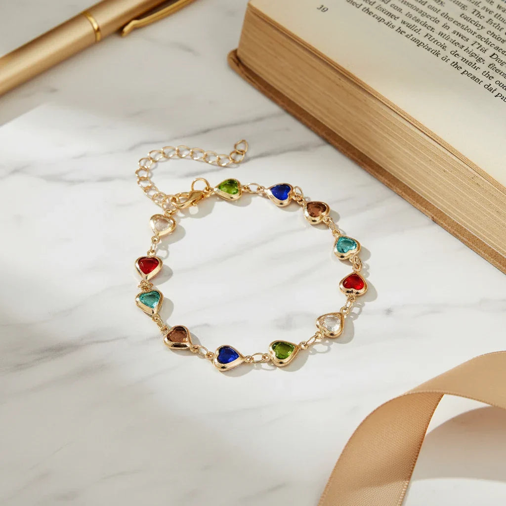 Flowra rainbow heart charm bracelet colorful crystal jewelry.