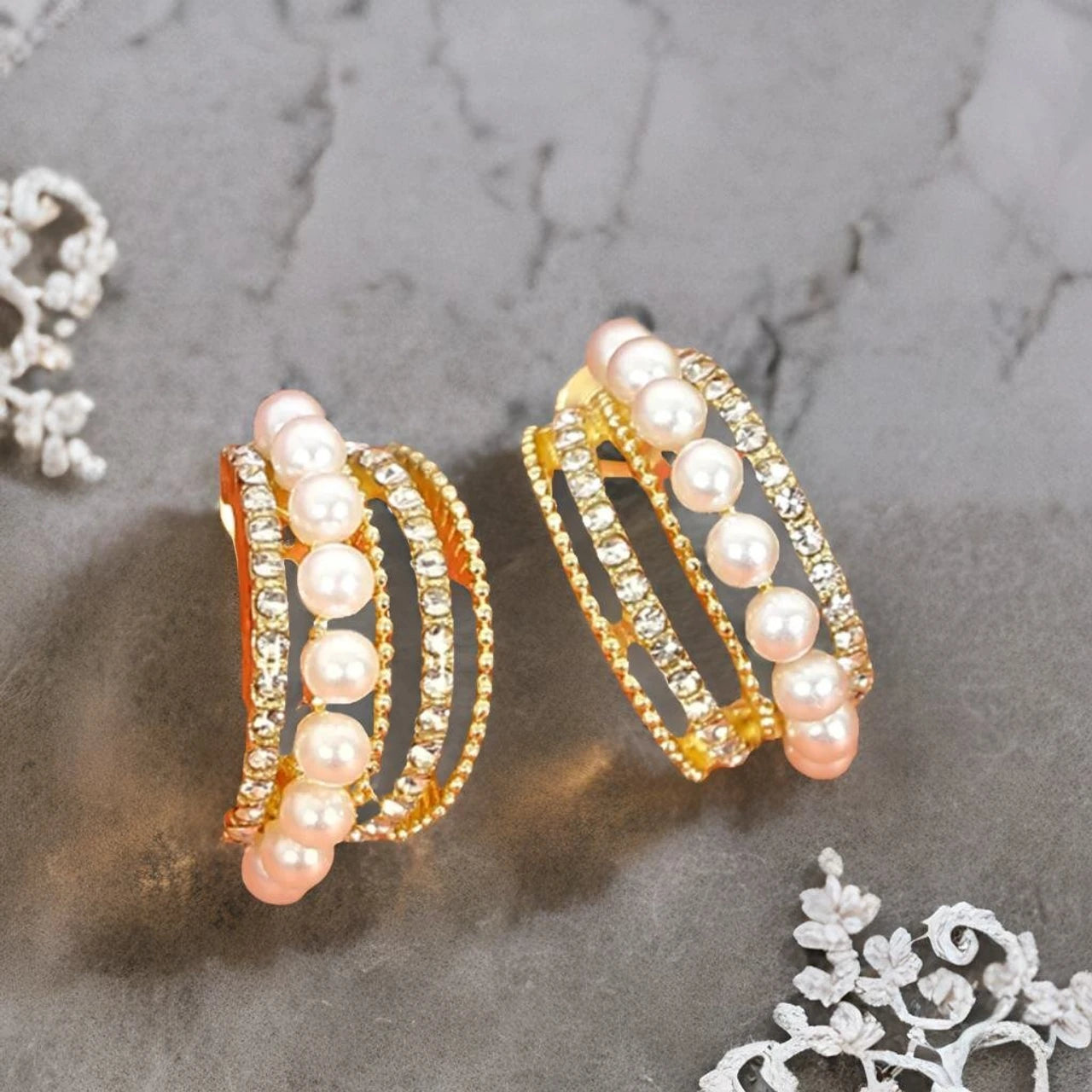 Korean Style Pearl Hoop CZ Dangle Earrings