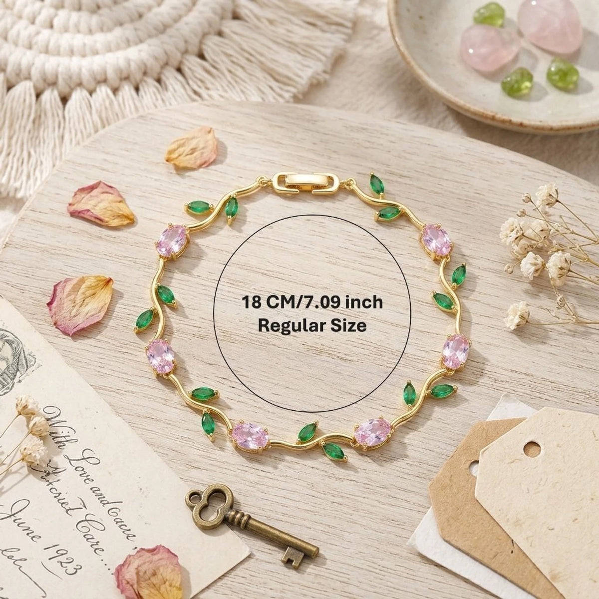 Elegant Pink Floral Vine Bracelet – Gold Plated Crystal Leaf Bracelet for Women