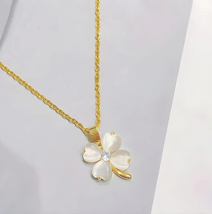 Gold Plated White Petal Four Leaf Clover Necklace