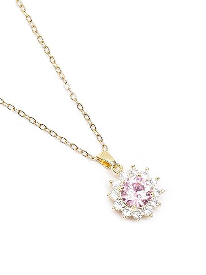 Gold Plated Pink CZ Floral Pendant Necklace