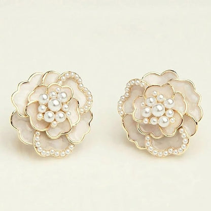 Korean Camellia Flower Pearl Stud Earrings