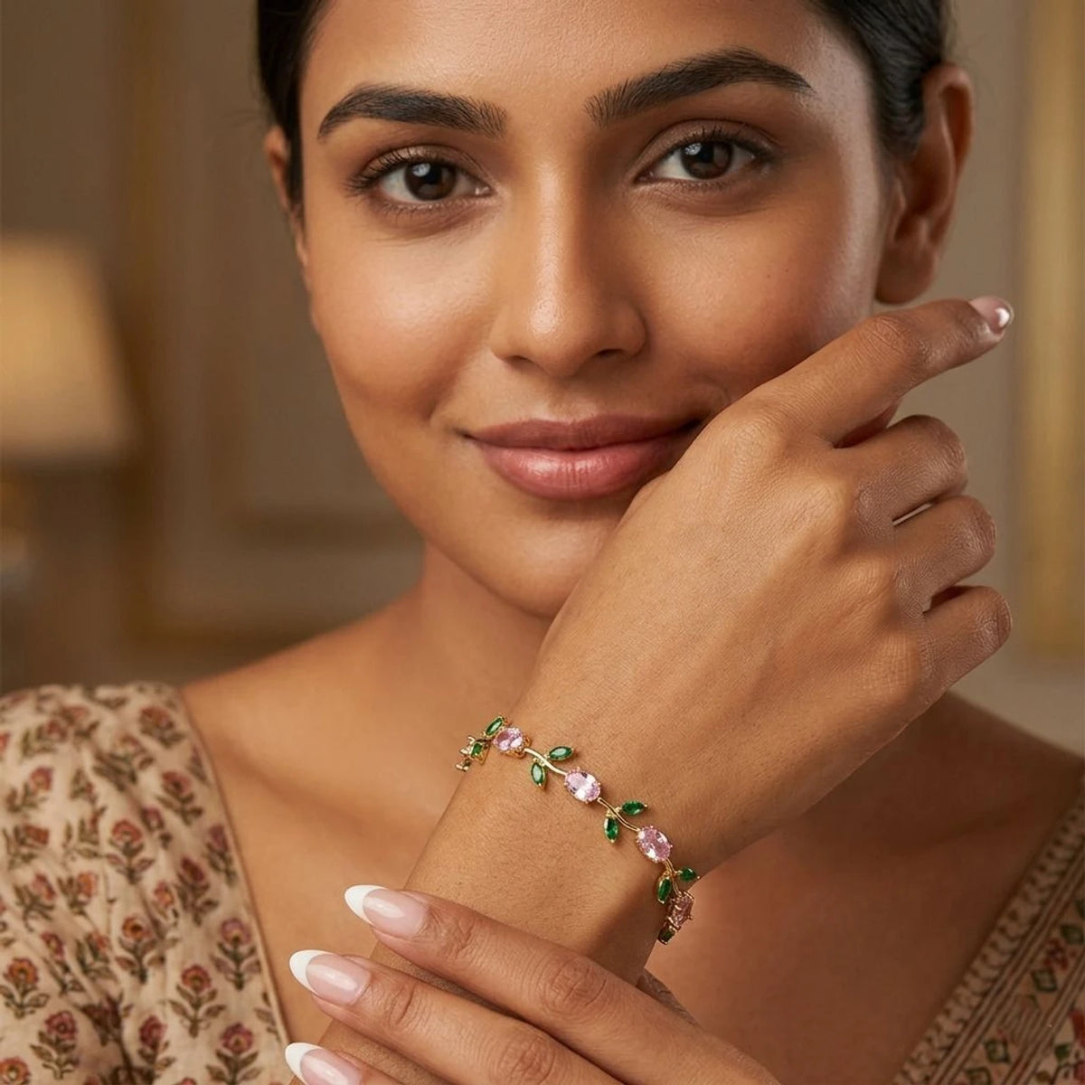 Elegant Pink Floral Vine Bracelet – Gold Plated Crystal Leaf Bracelet for Women