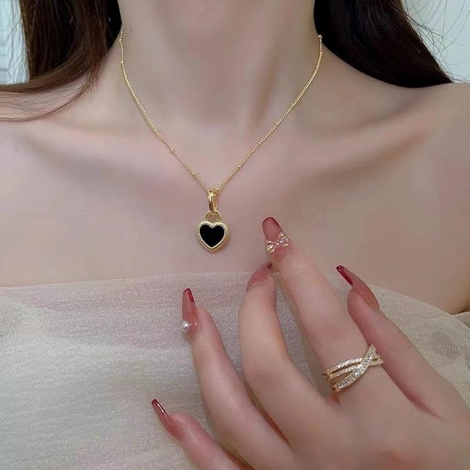 Gold Black White Double-Sided Heart Titanium Steel Necklace