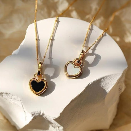 Gold Black White Double-Sided Heart Titanium Steel Necklace