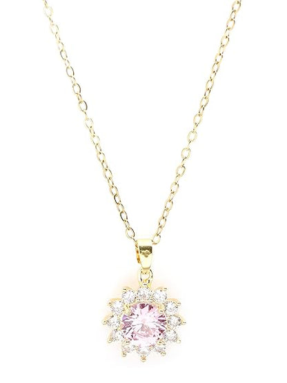 Gold Plated Pink CZ Floral Pendant Necklace