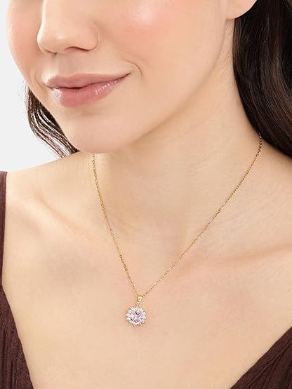 Gold Plated Pink CZ Floral Pendant Necklace
