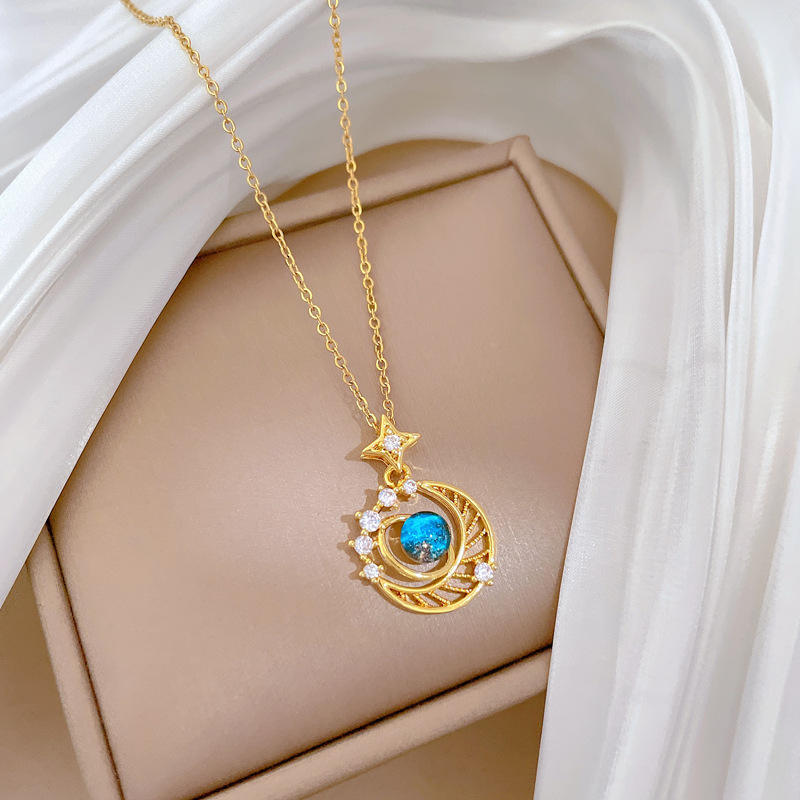 Gold Plated Planet Moon Star Crystal Galaxy Necklace