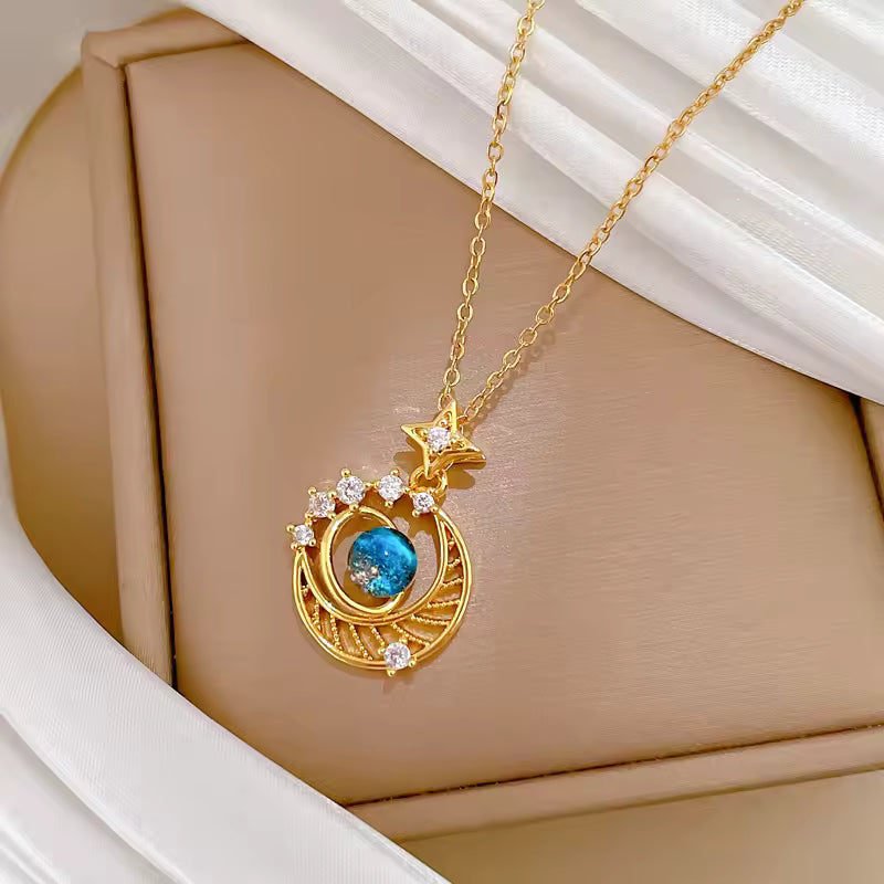 Gold Plated Planet Moon Star Crystal Galaxy Necklace