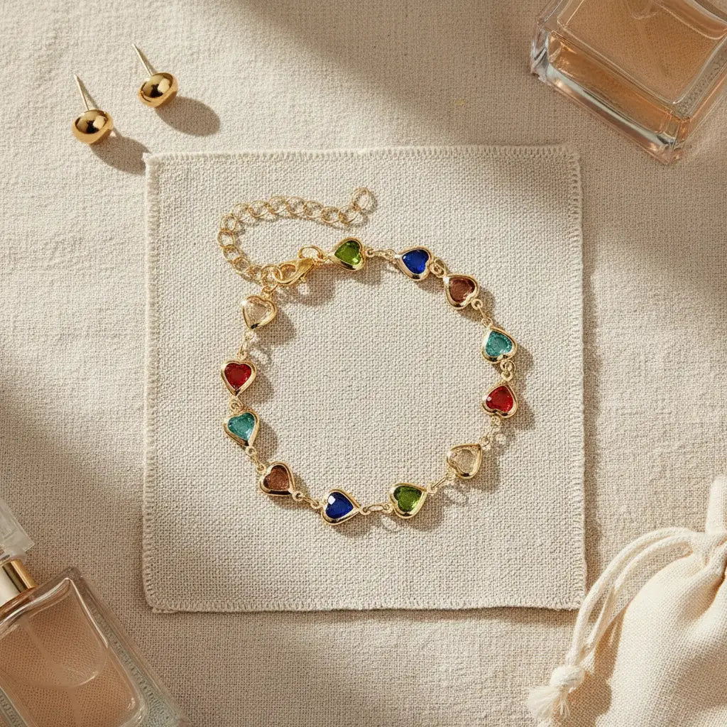 Flowra rainbow heart charm bracelet colorful crystal jewelry.