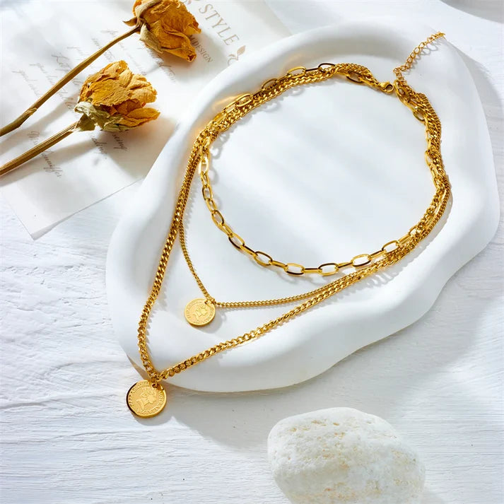 Stainless Steel Coin Layer Bracelet Necklace Set