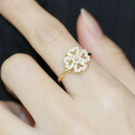 Flowra Gold‑Plated Rotating CZ Clover Adjustable Ring