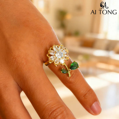 Gold Plated Flower Spinner Green Leaf Ring