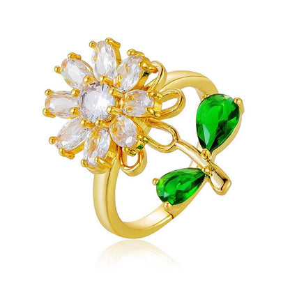 Gold Plated Flower Spinner Green Leaf Ring